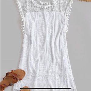 Zaful Lace Pompoms Mini Dress White